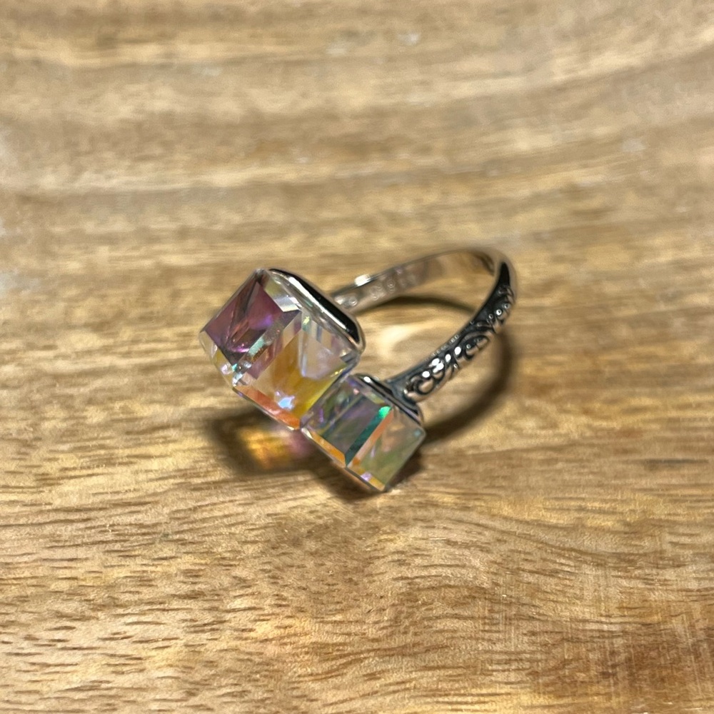 *SOLD* Iridescent Glass Crystal Cubes 925 Sterling Silver Bypass Ring - Picture 3 of 17